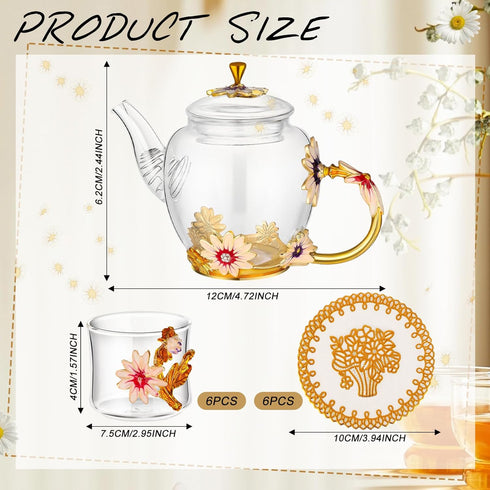 7 Set Set Pcs Floral Tea for Women, Vintage Flower Teapot With Gift Box, Glass Tea Kettle, Fancy Cup, Mug With Coasters