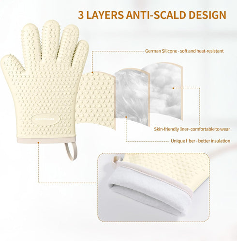 Silicone Oven Mitts, Heat Resistant 450 Degrees, Waterproof Non-Slip Gloves for Baking Cooking (White)
