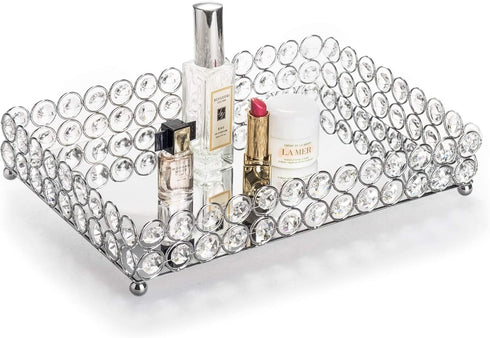 Feyarl Crystal Vanity Makeup Tray, Ornate Jewelry Trinket Organizer, 12" x 8" Silver Decorative Tray