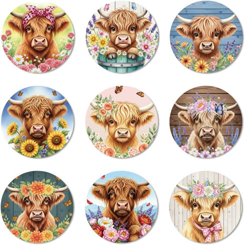 ANATTASOUL Coasters Set of 9 Highland Cow and Flowers Pattern Colorful Wooden