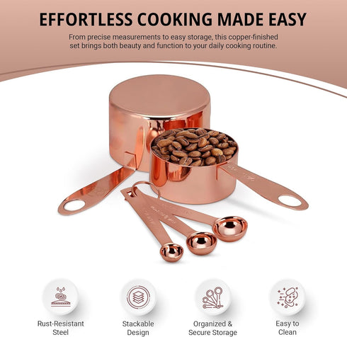 Copper Measuring Cups and Spoons - Stainless Steel 9 Pieces with 2 Rings