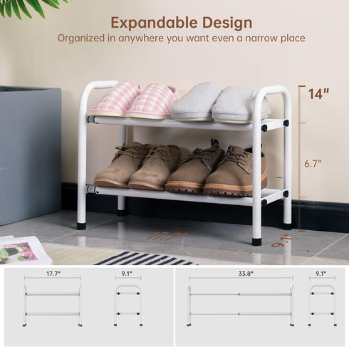 Adjustable 2-Tier Expandable Shoe Rack, Heavy Duty Metal Free Standing Storage Organizer for Entryway Closet