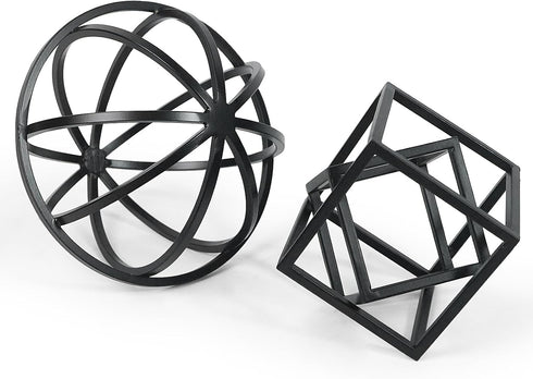 DreamsEden Modern Geometric Sculptures Set - 6" Black Metal Sphere & Cube, Minimalist Tabletop Centerpiece