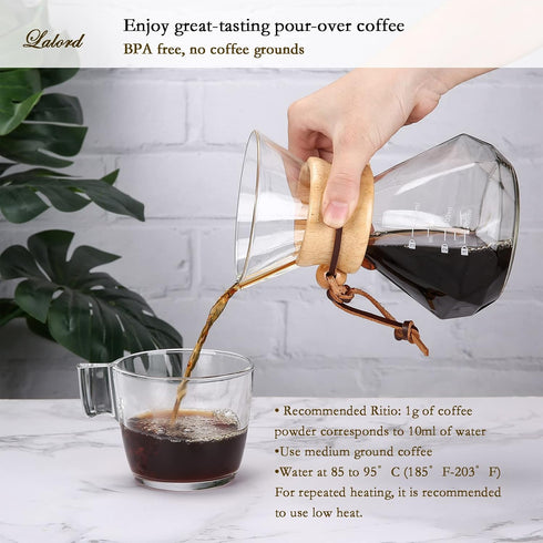 Pour Over Coffee Maker with Stainless Steel Filter, Borosilicate Glass Carafe, Modern Wooden Collar
