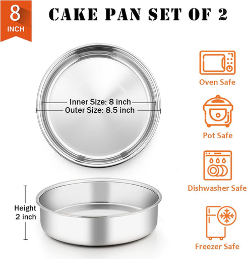 P&P CHEF Cake Pan Set of 2, Stainless Steel Round Baking Layer Cake Pans, 8 Inch, Non Toxic & Easy Clean