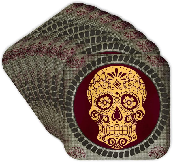 3D Rose Day of The Dead Cool Design Grey Soft Coasters - Yellow/Burgundy/Gray, 8 Count