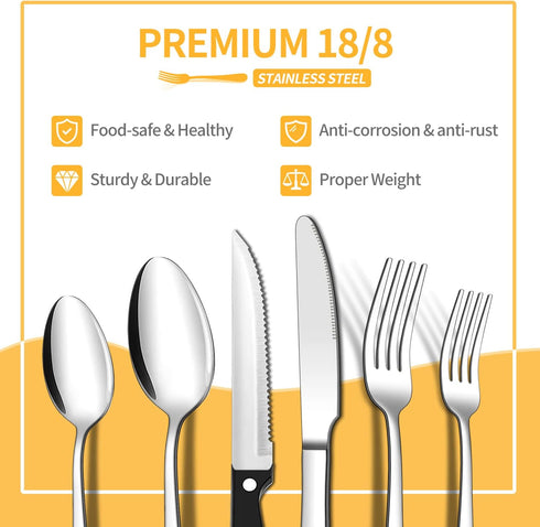 ENLOY 24 Pieces Silverware Set, Stainless Steel Flatware Cutlery with Steak Knives, Service for 4, Mirror Polished and
