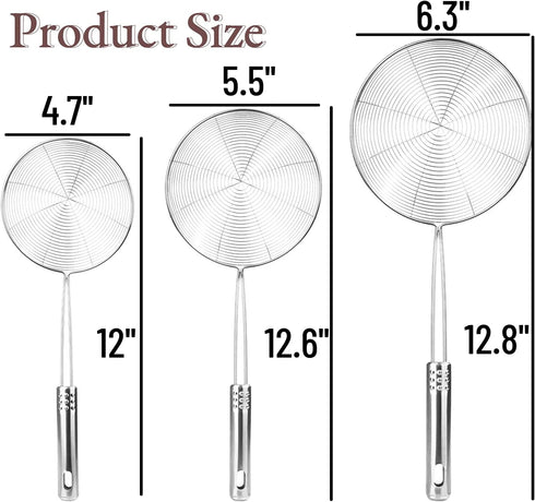 Spider Strainer Skimmer Spoon, Set of 3 Sizes, Stainless Steel Fryer Scoop, Wire Strainer Ladle for Cooking