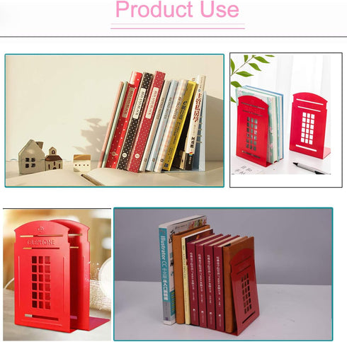 MerryNine 2pcs Metal Book Ends, Non Skid Heavy Bookends for Shelves, Telephone Booth Decorative Organizers (Red-2pcs)