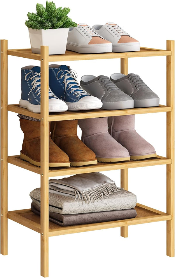 BMOSU 4-Tier Bamboo Small Shoe Rack Premium Stackable Shoe Shelf Storage Organizer