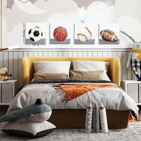 12x12" 4 Boys Room Wall Decor Sports Decor for Boys Bedroom Rustic Soccer Football Baseball Basketball Canvas Pictures