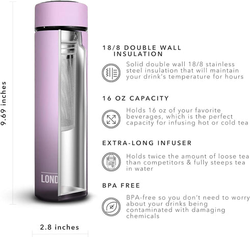 London Sip Multi-Purpose Travel Mug and Tumbler - Hot and Cold Double Wall Stainless Steel Thermos, Gentle Lilac