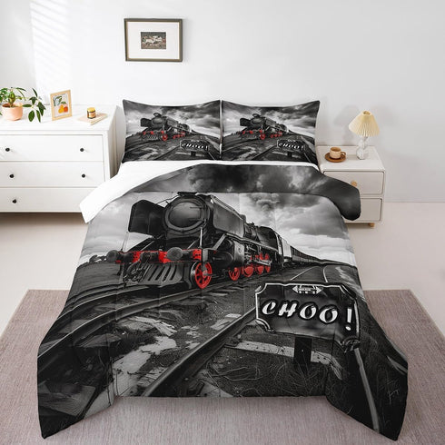 Set Set Set 3D Insert,1 Retro Train Comforter Twin Size,Black Red Old Train Car Bedding Rail Transportation Vehicles