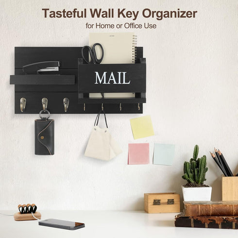 Mail Organizer for Wall Mount, Key Holder with Shelf, Letter Holder and Hooks for Hallway Decor - Rustic Wood