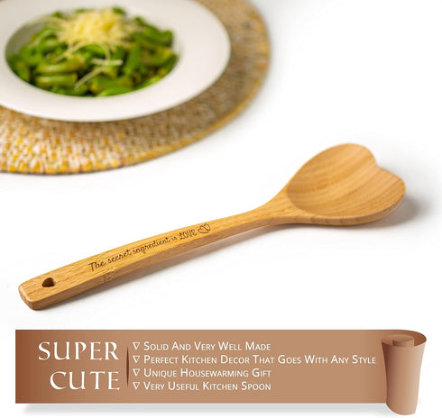 Gorgeous Heart Shaped Bamboo Wooden Spoon - Engraved Handle, Perfect Addition to a Kitchen Filled with Love