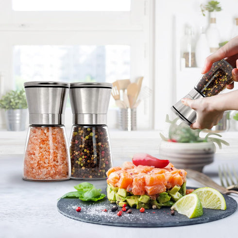 Set (Set 2) Gulex Salt and Pepper Grinder Pepper Mill, Sea Salt Shaker Refillable, Adjustable Coarseness, Stainless