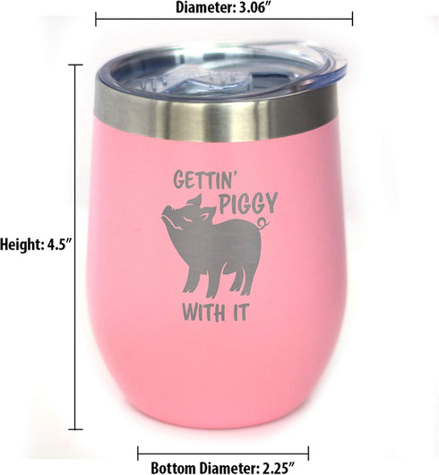 Bevvee Gettin Piggy Wine Tumbler Glass, Stainless Steel Insulated Mug with Sliding Lid, Cute Pig Decor Gifts (Pink)