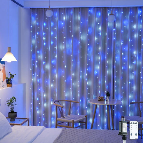 JMEXSUSS 300LED Christmas Curtain Lights Plug in with Remote, Blue and White