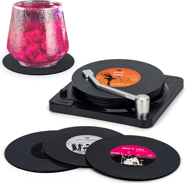 Valdivia Funny Retro Vinyl Record Coasters - 6 Pcs Music Coasters for Drinks, Bars, Party, Birthday Gifts, Home Decor