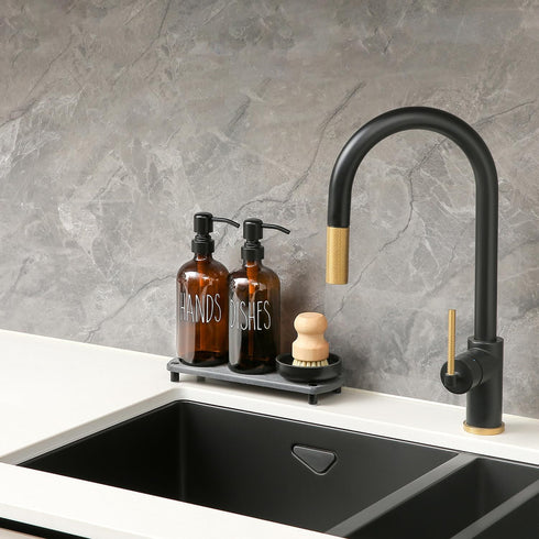 Set MOMEEMO Amber Glass Soap Dispenser Comes with Stainless Steel Pumps, Instant Dry Tray, and Dish Scrub Brush