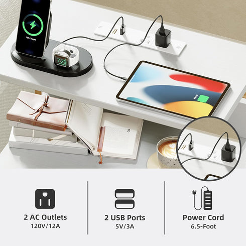 4 Closet Somdot White Nightstand with Charging Station and LED Light for Bedroom, Tall Drawers Dresser with Fabric Bins