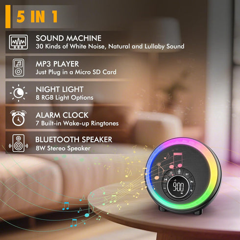 Dimmable Night Light Bluetooth Speaker Alarm Clock, Portable Sound Machine with White Noise, Touch Bedside Lamp