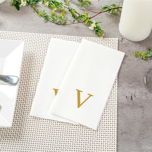 15.8 7.9 Inch 50 Luxenap X Linen-Feel Guest Towels, Lettered Hand Towels - Gold Letter 'V', Sans Serif Font, White