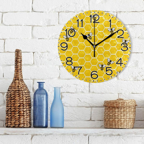 Yellow Bees and Honey Wall Clock, Battery Operated Non Ticking Silent Quartz Analog Rustic Decor