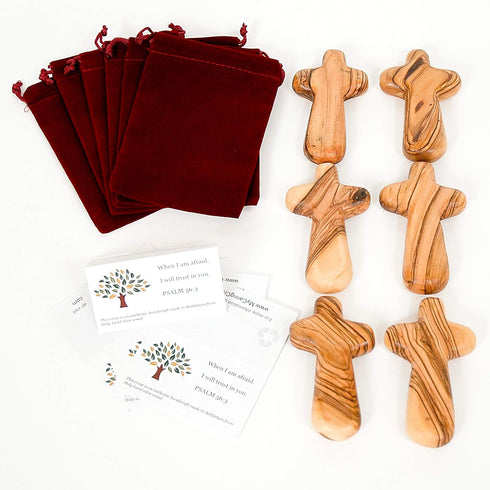 6 Olive Wood Holding Crosses with Velvet Bag & Certificate