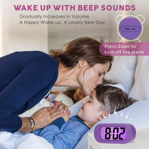 Plumeet Kids Alarm Clock, Large Digital LCD Travel Alarm Clocks with Snooze and Night Light, Best Gift for Kids, Purple