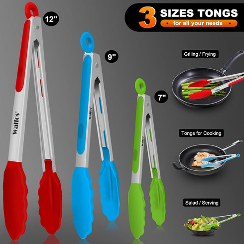 Walfos Silicone Tongs for Cooking, Heat Resistant Kitchen Tongs for Salad, Grilling, Stainless Steel and BPA Free