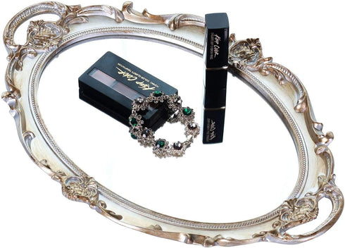 Oval Decorative Mirror Tray - French Style Makeup Organizer, Jewelry Organizer, 9.8"x14.6"