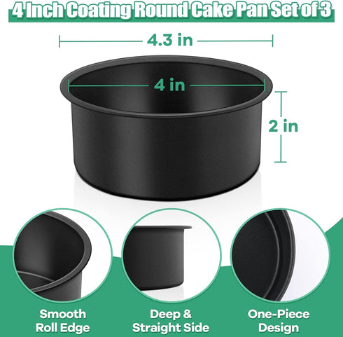 TeamFar Mini Round Cake Pan Set of 3, 4 Inch Non-Stick Coating Stainless Steel Core for Birthday, Party, Wedding,