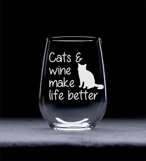 Cats and Wine Make Life Better Stemless Wine Glass - 17 oz - Funny Gift for Cat Lovers