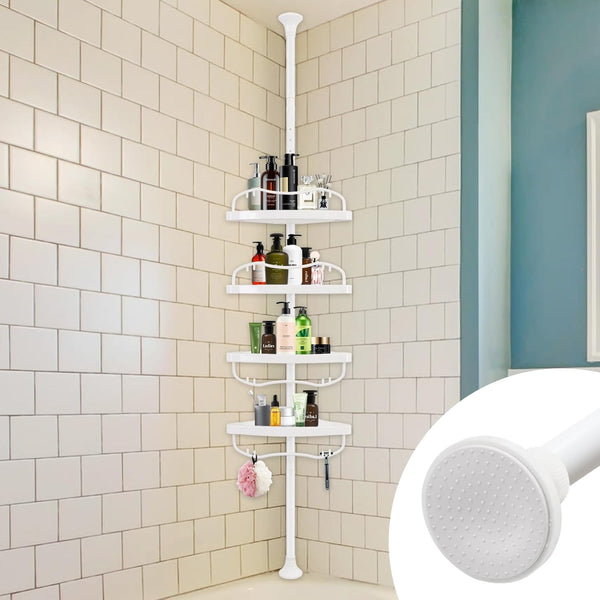 Corner Shower Caddy Tension Pole, Rustproof Organizer with 4 Adjustable Shelves for Inside Shower, 40"-120" White