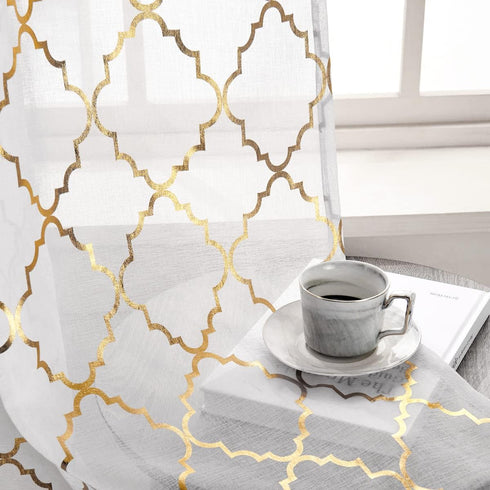 Kotile 63 Inch White and Gold Sheer Curtains, 2 Panels Set, Light Filtering Shimmer Ogee Sheer Curtains