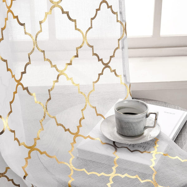 Kotile 63 Inch White and Gold Sheer Curtains, 2 Panels Set, Light Filtering Shimmer Ogee Sheer Curtains