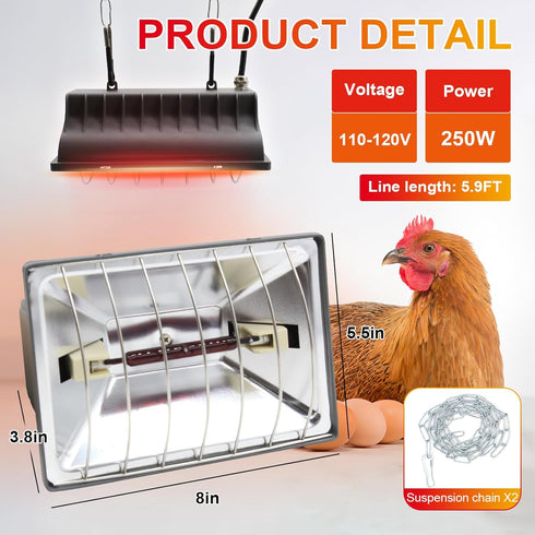 250W Chicken Coop Heater Lamp Winter Hanging Heat Lamp for Chickens Incubators Temperature Adjustable Chicken Brooder