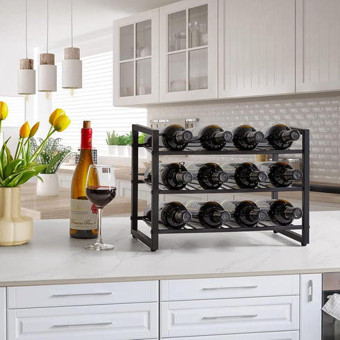 IBUYKE Wine Rack, Stackable Wine Storage Shelf, Liquor Bottle Holders, 3 Tier for 12 Bottles, Inserts for Cabinet, Countertop, Pantry, Bar, Small Space, Study Steel Water Bottle Organizer TMJ906H by IBUYKE