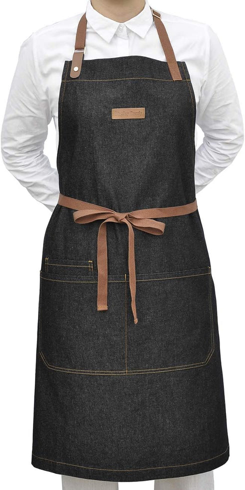 Denim Kitchen Apron with Pockets, Professional Chef Bib Apron for Cooking, Grill & BBQ