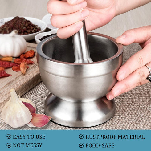 Stainless Steel Mortar and Pestle Set, Heavy Duty Spices Grinder Pill Crusher with Silicone Protective Lid for