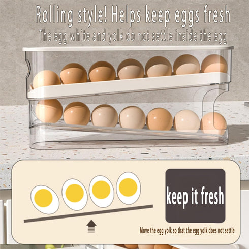 Auto Rolling Fridge Egg Organizer, Space Saving Eggs Dispenser with Lid, Egg Holder for Fridge 2 Pack