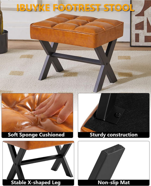 12" WBD012J IBUYKE Small H Footrest Stool, Square PU Foot Stool with Metal X-Leg, Multi-Use as Small Side Table, Step