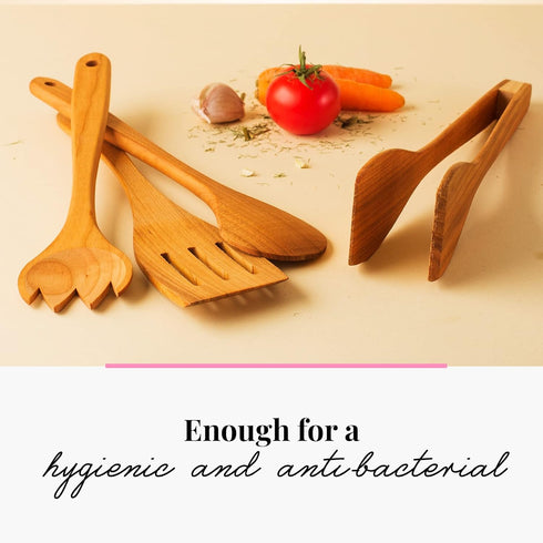 tuuli Kitchen 4-Piece Wooden Cooking Utensils Set, Durable Solid Cherry Wood (Spoon, Fork, Spatula, BBQ Tongs)