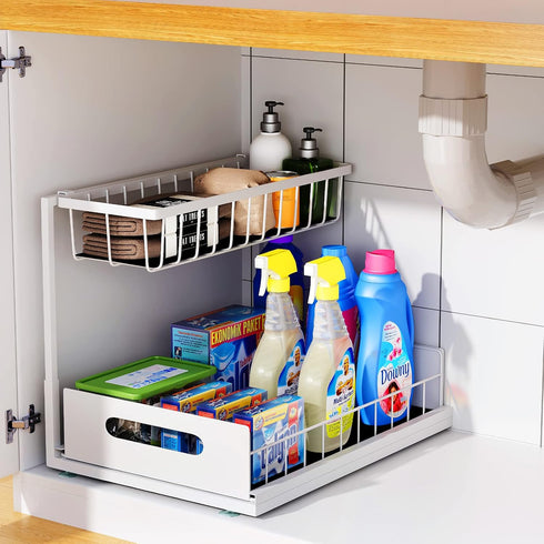 Under Sink Organizers and Storage, 2 Tier Sliding Cabinet Basket Organizer for Bathroom and Kitchen