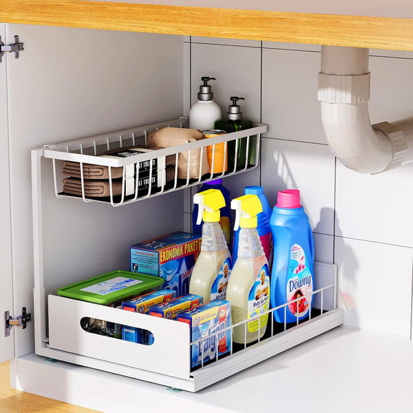 Under Sink Organizers and Storage, 2 Tier Sliding Cabinet Basket Organizer for Bathroom and Kitchen