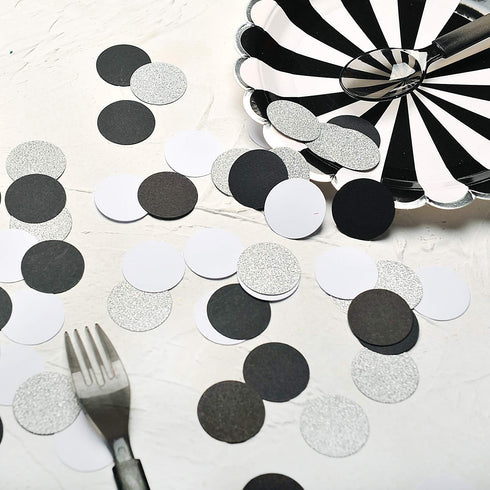 Glitter Confetti Circle Dots for Table Decoration, 1.2 inch Diameter (Silver Glitter, Black, White, 200pc)