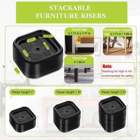 9 Pack Furniture Risers 1 Inch, Adjustable Bed Risers Heavy Duty for Table Desk Couch Chair Sofa Cabinet Bed Legs Dorm, Square Stackable Bed Raisers Blocks Lift Height 1", 2" or 3", Black