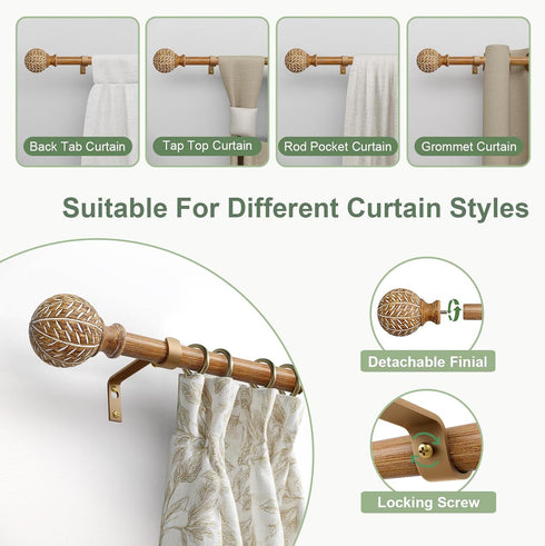 QDWIS 48 84 Inch,1'' Set,36-88'',Color:Natural Wood Curtain Rods for Windows to Diameter Drapery Rods with Imitation