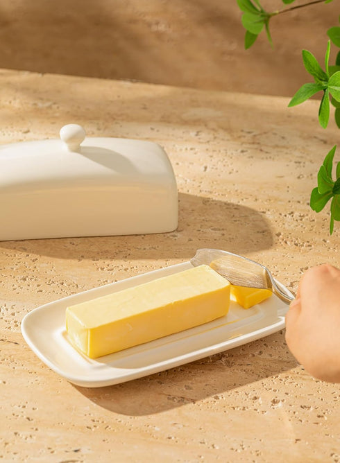 7.8 Inch Sweese Butter Dish with Lid, Porcelain Butter Keeper, Butter Holder with Handle Cover, Butter Container